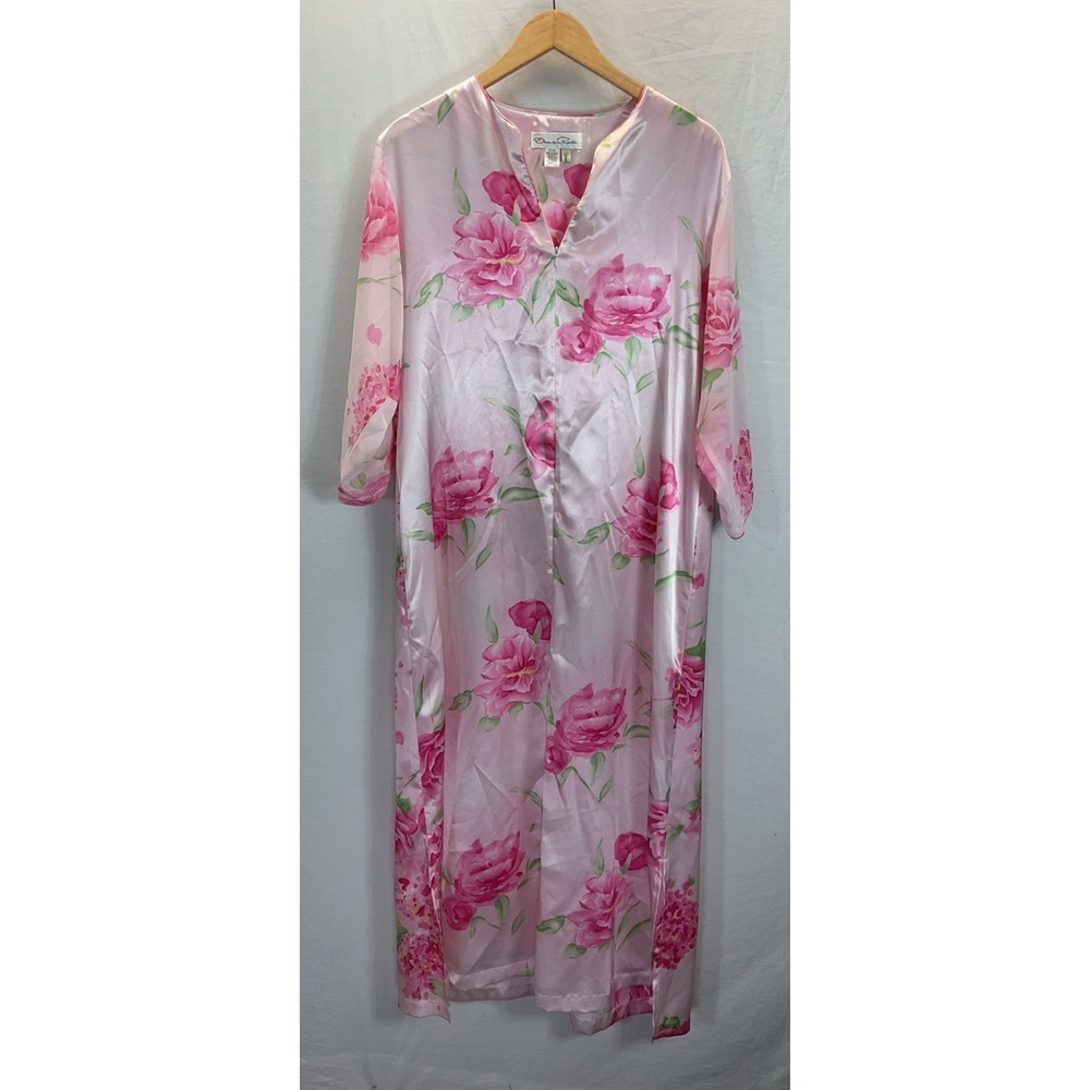 Vtg Oscar de la Renta Nieman Pink Floral Half Zip Kaftan Satin Nightgown Dress S